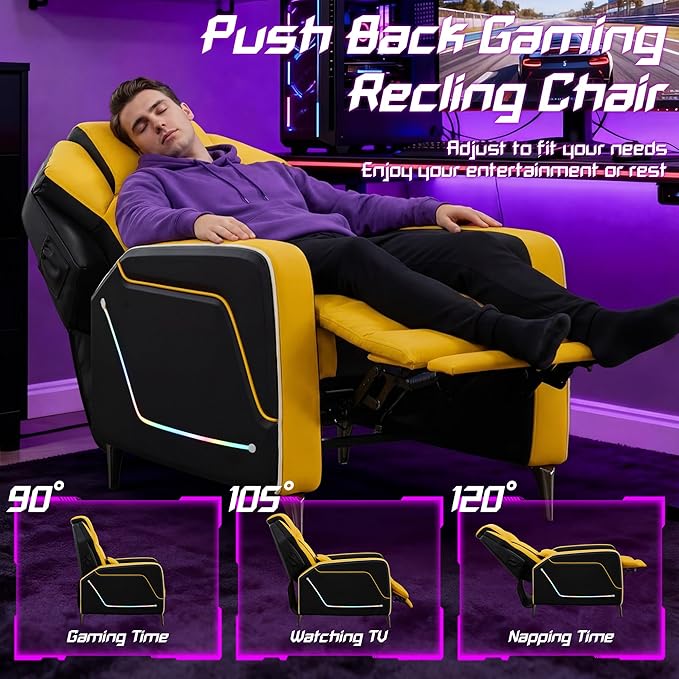 Gaming Recliner Chair with LED Lights Racing Style PU Leather Gaming Recliner for Adults Ergonomic Push-Back Recliner with Lumbar Pillow Home Theater Seating with Side Pockets Yellow