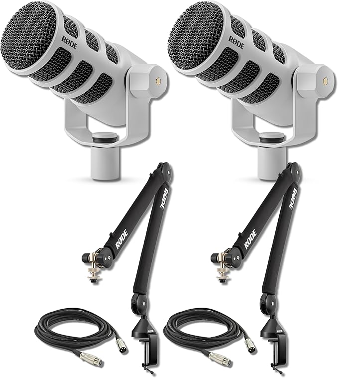 Rode PodMic White (Pair) Cardioid Dynamic Broadcast Microphones with 2X PSA1+ Broadcast Microphone Boom Arms and 2X XLR Cables