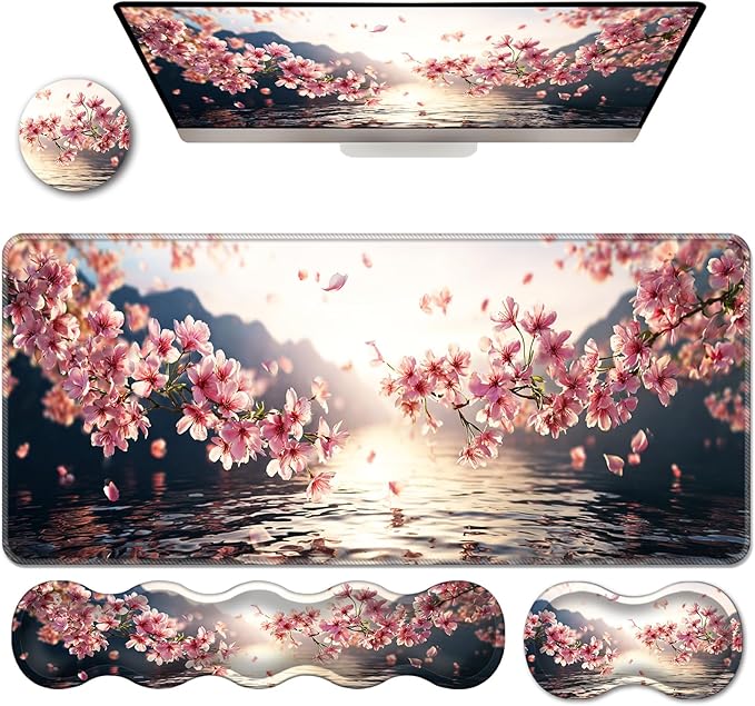 Ergonomic Keyboard Wrist Rest &amp Mouse Pad Wrist Rest SetXL Gaming Desk Mat 31.5x 11.8Non-Slip BaseMemory FoamEasy Typing Pain Relief for Office &amp HomeCherry Blossoms Over Water