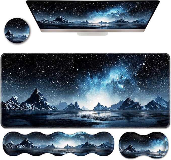 Ergonomic Keyboard Wrist Rest &amp Mouse Pad Wrist Rest SetXL Gaming Desk Mat 31.5x 11.8Non-Slip BaseMemory FoamEasy Typing Pain Relief for Office &amp HomeMountain Lake Galaxy