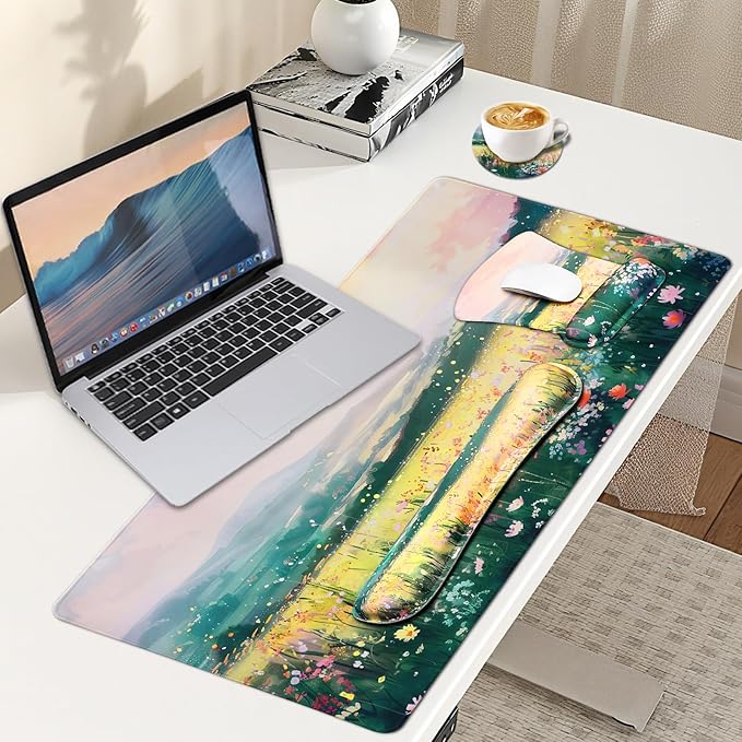 MEGREZ 4-in-1 Ergonomic Memory Foam Wrist Rest Set Desk Pad Mouse Pad with Wrist Rest Keyboard Pad Suitable for Office Workers Programmers &amp Gamers–Relieve Typing &amp Gaming Fatigue The Wi