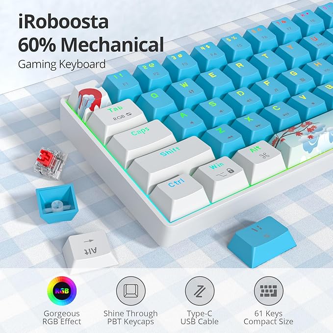 Blue and White Mechanical Gaming Keyboard 60% 61 Keys Small Wired RGB Keyboard with PBT Keycaps Anti-Ghosting for Game/Office