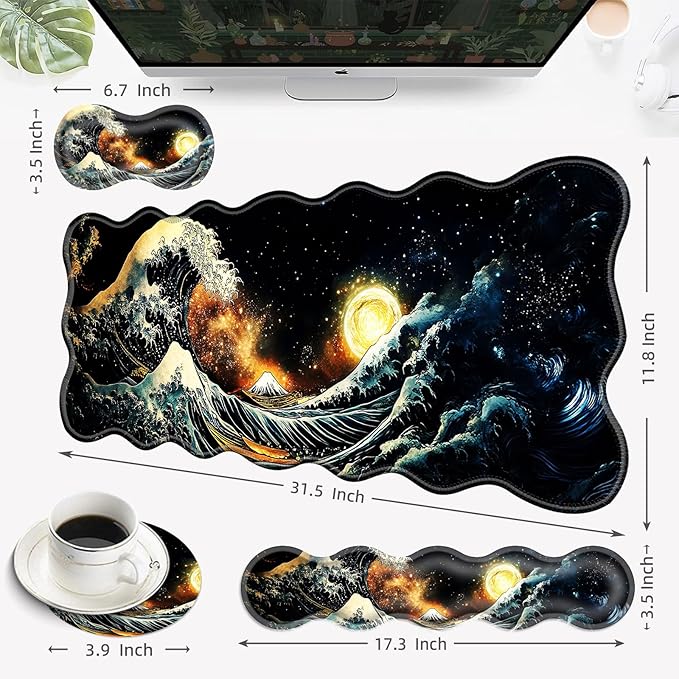 Desk Mat Mouse Pad with Wrist Rest 4-in-1 Large Mouse Pads for Desk Ergonomic Mouse Pad and Keyboard Wrist Rest Gaming Keyboard Mat for OfficeJapanese Sea Wave