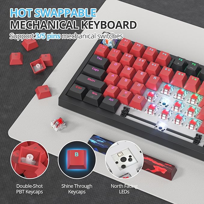 75 Percent Keyboard Gasket-Mounted with Sound Absorbing Pads 82-Key Compact Wired RGB Mechanical Gaming Keyboard Hot-Swap Socket for Win Milan
