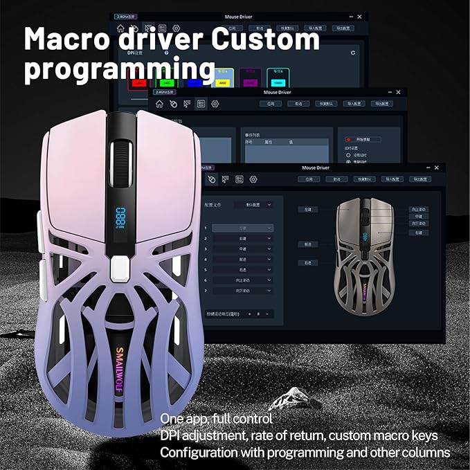Wireless Gaming Mouse 10000 DPI Tri-Mode 2.4GHz/Bluetooth/Wired Mouse 6 Buttons Digital Display Silent Mice Rechargeable Customizable Macro and RGB Backlight for PC/Mac/Laptop (Purple)