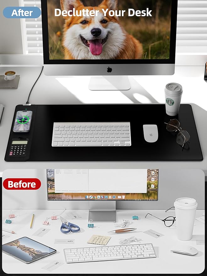 Mouse Pad 31.5x15.75 Inch with Calculator 15W Magnetic Wireless Charging Desk Mat XXL Desk Pad Home Office Large Keyboard Pad with Ultra-Smooth Surface Non-Slip Base (Black)