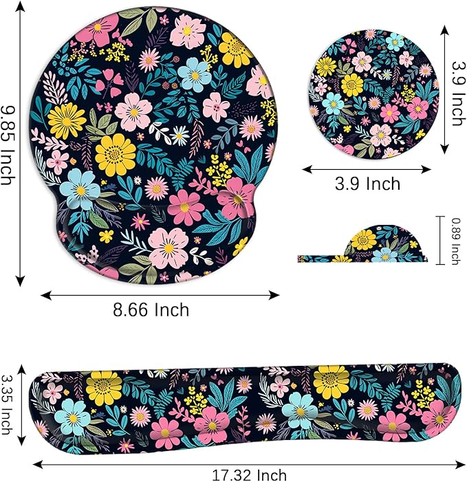 Mouse Pad Wrist Support and Keyboard Wrist Rest with CoasterNon-Slip Rubber Base Ergonomic Gaming Mousepad for Home Office Working Studying Easy Typing &amp Pain ReliefColorful Blooming Floral Flow