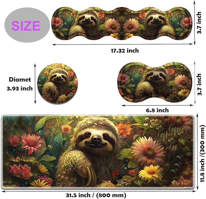 Large Gaming Mouse Pad Keyboard Wrist Rest Pad + Mouse Wrist Pad + Coaster 4 in 1 Set Extended Waterproof Non-Slip Desk Mat Suitable for Office Home Learning Games Flower Sloth