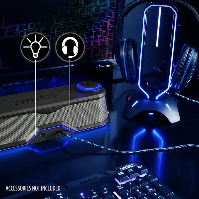 ENHANCE SB1 Computer Speakers High Excursion Soundbar - USB Powered Computer Sound Bar Under Monitor Speaker with 10W Peak LED Volume Control Knob Headset Pass Through Gaming Soundbar for PC