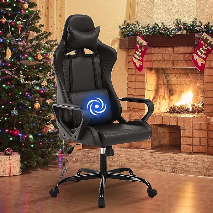 BLKMTY Gaming Chair Massage Video Game Ergonomic Office Racing Computer PU Leather Chair - High Back Executive Task with Lumbar Support Headrest Swivel Chairs Black