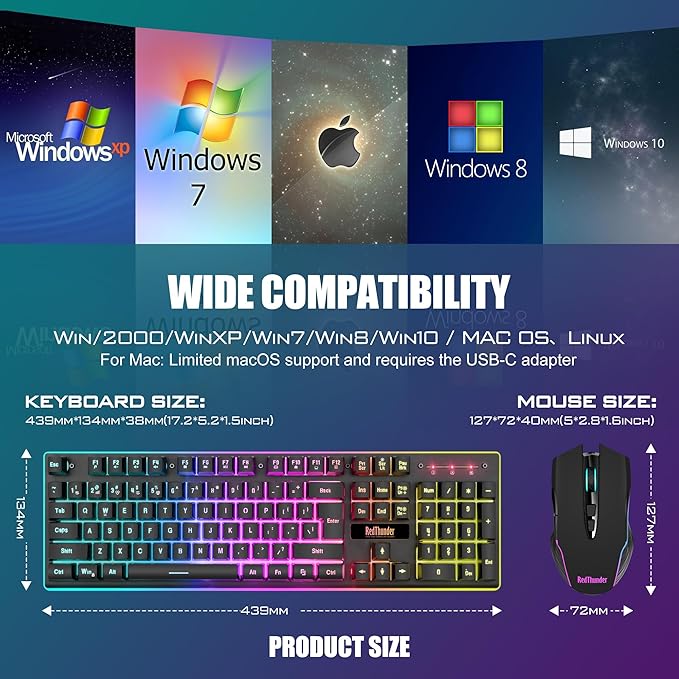 RedThunder K10 Wireless Gaming Keyboard and Mouse Combo LED Backlit Rechargeable 3800mAh Battery Mechanical Feel Anti-ghosting Keyboard + 7D 3200DPI Mice for PC Gamer (Black)
