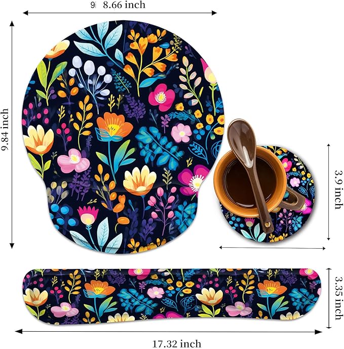 Keyboard Wrist Rest and Mouse Wrist Rest Pad with Cup CoasterMade of Memory FoamErgonomic SupportEasy-Typing and Pain Relieffor Gaming Office Home ComputerBlooming Flower
