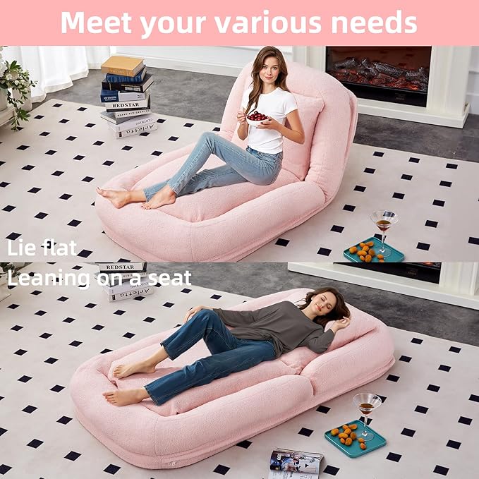 Folding Sofa Chair with 5 Adjustable Positions Plush Floor Lounge Chair for Gaming Meditation and Relaxation (Pink EPU)