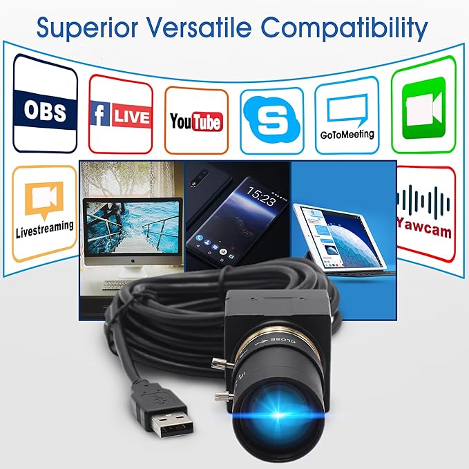 100fps USB Webcam 2MP 1080P 2.8-12mm Varifocal Lens Plug and Play OpenCV-Compatible for Video Conference Linux/Windows/Android