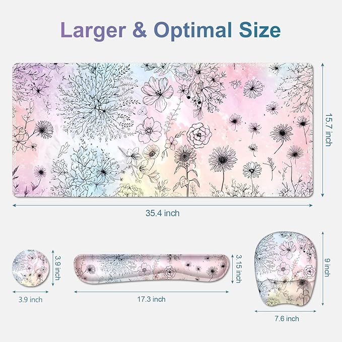 Large Mouse Pad Keyboard Wrist Rest Set Ergonomic Mouse Pad with Wrist Support Desk Mat with Stitched Edges Extended Desk Pad Waterproof Desk Mat for Home Office Game I Dandelion &amp Sunflower