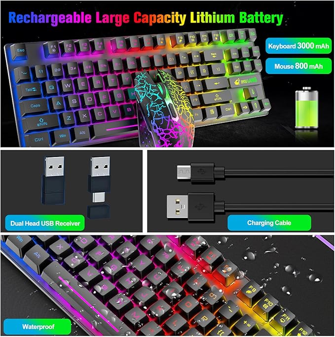 Wireless Gaming Keyboard and Mouse Combo with 87 Key Tenkeyless Rainbow LED Backlight Rechargeable 3800mAh Battery Anti-ghosting Ergonomic Waterproof RGB Mute Mice for Computer PC Gamer (Black)