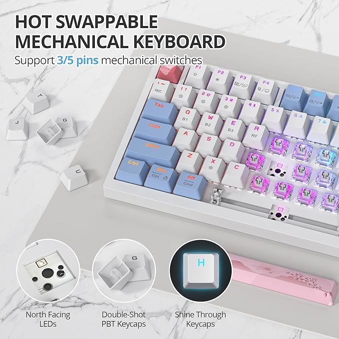 400PRO 75% Wireless Creamy Mechanical Keyboard Pink Gasket Hot Swappable RGB Gaming Keyboard Bluetooth/2.4GHz/USB-C Cute Key Board with Pre-lubed Cream Grey Switches (82 Pink White)