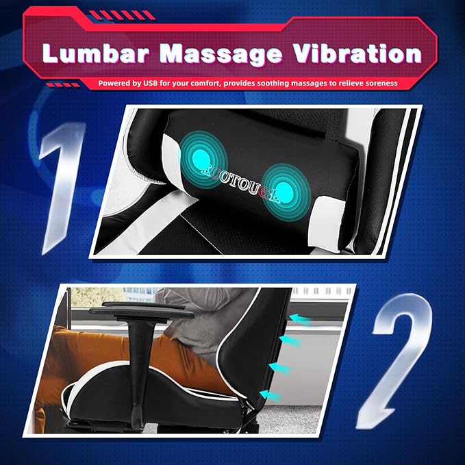 ECOTOUGE PC Massage Gaming Chair with Footrest Ergonomic Office Desk Chair Racing PU Leather Recliner Swivel Rocker with Headrest and Lumbar PillowWhite