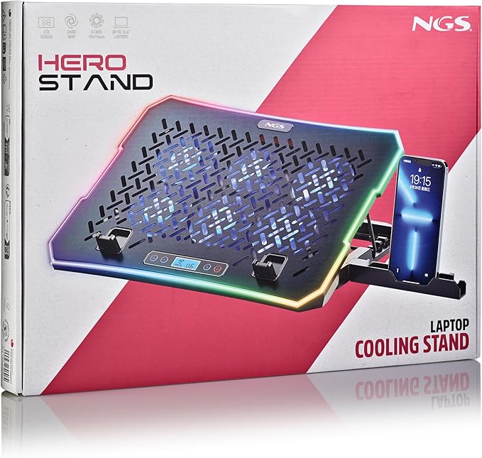 NGS Hero Stand Laptop Cooling Dock 6 Quiet Fans LCD Display RGB Height Adjustable 2 USB Ports Smartphone Holder Non-Slip 2400 RPM