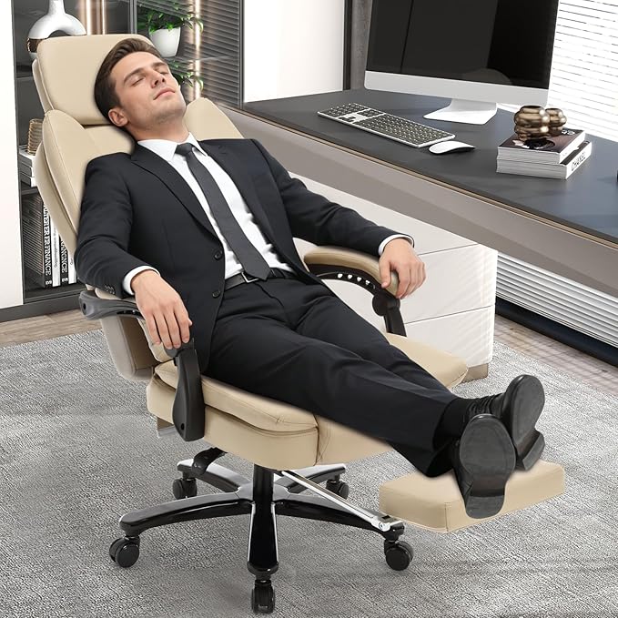 500lbs Plus Size Office Chair with Lumbar Support PU Leather Big and Tall Heavy Duty Reclining Office Desk Chair with Foot RestBeige