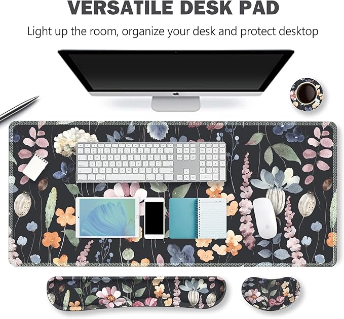 ARTSO Gaming Mouse Pad Wrist Support Set XXL Large Desk Mat Mousepad + Keyboard Wrist Support+ Mouse Wrist Rest+Coaster 4in1 Ergonomic Memory Foam Stitched Edge for Home Office -Flowers Plants