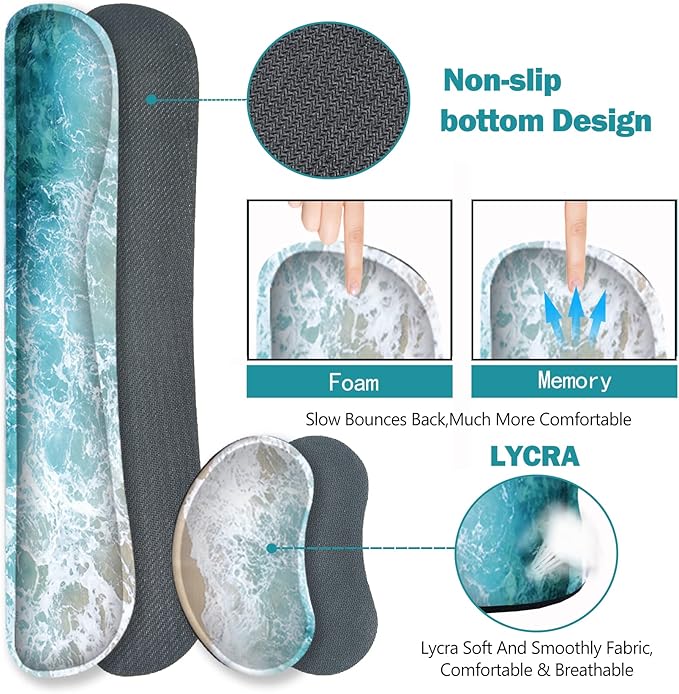 ARTSO Extended Gaming Mouse Pad Set Keyboard Wrist Rest Support Pad + Wrist Cushion + XXL Large Mouse Pad + Coaster Stitched Edge Non-Slip Memory Foam Desk Mat Beach Waves