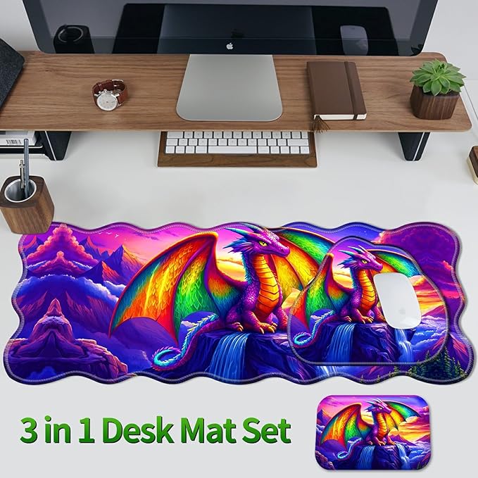 3-Piece Ergonomic Desk Mat &amp Cloud Wrist Rest Set Large 31.5 x 11.8 Wave Office Desk Pad with Memory Foam Support Non-Slip Computer Protector for Home Gaming &amp Writing Purple Dragon