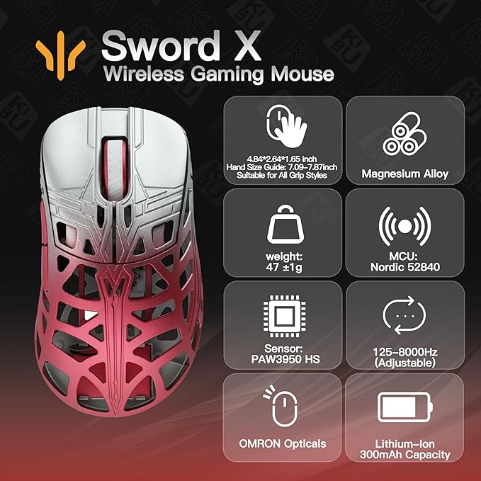 KEEBMONKEY WLMOUSE Sword X Lightweight Magnesium Alloy Wireless Gaming Mouse - 8KHz Polling Rate PAW3950 HS Sensor 50-30000 DPI OM &amp TTC Switches (OM Opticals Silver&ampRed)