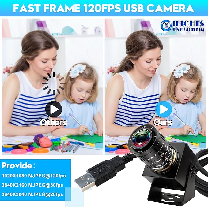 12mp USB Camera Variable Focus Webcam for Computer 1080P 120fps Manual Zoom Lightburn Camera High Speed 3.6-10mm 3X Zoom USB2.0 PC Cam Varifocal USB Security Webcamera for Video Conference