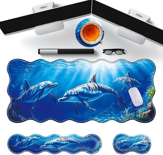 Large Gaming Mouse Pad Keyboard Wrist Rest Pad &amp Wrist Support Mousepad Set Stitched Edge Extended Non-Slip Base Memory Foam Desk Mat for Office HomeDolphins Swimming in The Ocean