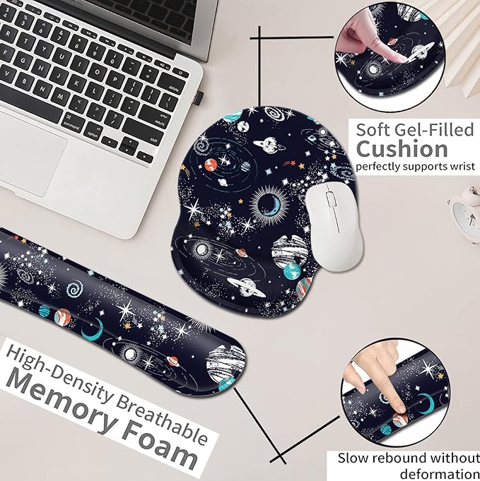 Mouse Pad with Wrist Support Soft Memory Foam Keyboard Wrist Rest Ergonomic Gel Mouse PadCute Cartoon Space Galaxy Constellation Office Easy Typing Games to Relieve Fatigue Non-Slip and Durable