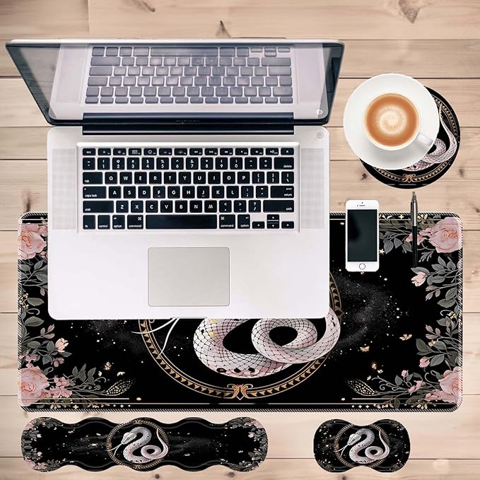 Keyboard Mouse Pad SetLarge Desk Pad+Keyboard Wrist Rest+Mouse Pad Wrist Support+CoasterEasy Typing Pain Relief Non-Slip Mousepad Wrist Support Mousepad Set Home OfficeBoho Snake Witch