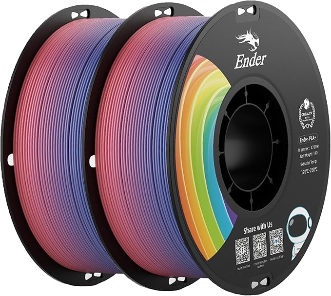 Creality PLA+ Filament 1.75mm Rainbow 2KG 3D Printer Filament 2 Pack 1kg Cardboard Spool Strong Toughness No-Tangling Accuracy +/-0.02mm Multi-Color 3D Printing Filament for Most FDM Printers