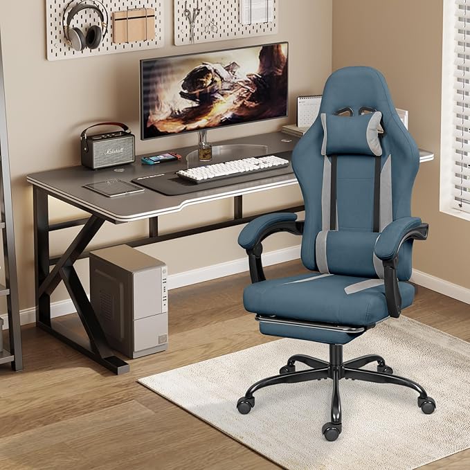 Breathable Fabric Gaming Chair with Footrest Height Adjustable Game Chair Video Gaming Chair for Gaming Room Living Room and Office - Blue/Light Grey