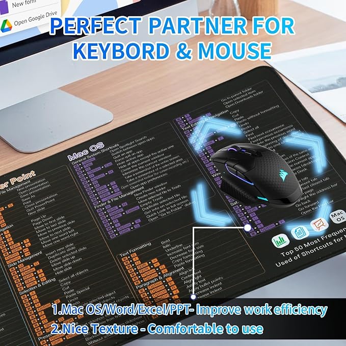 Excel/Word/Power Point/Mac OS Mouse padTop 50 Most Frequently Used of Keyboard Shortcuts Mousepad Non-Slip&ampWaterproof Large Gaming Office pc Desk mat (macOS/Excel/Word/PPT)