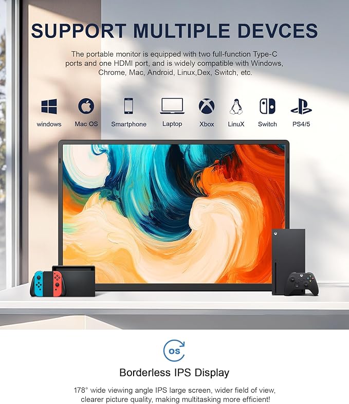 16.1 Portable Monitor 1200P FHD Laptop Screen Extender 360° Rotating Detachable Stand Plug&ampPlay Dual Monitor Ultra-Thin Zero Frame Portable Screen for Laptop/PC/Mac/Windows/PS5