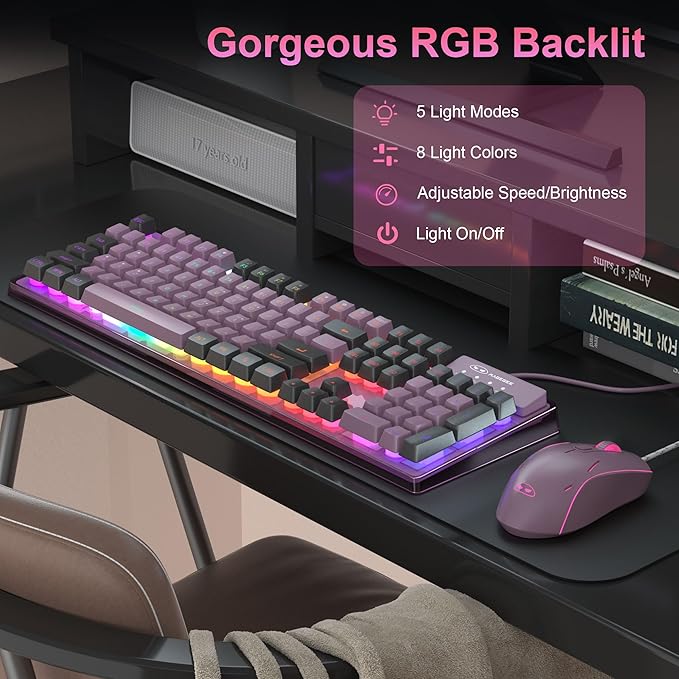 Gaming Keyboard and Mouse Combo K1 RGB LED Backlit Keyboard with 104 Key Computer PC Gaming Keyboard for PC/Laptop (Blackcurrant)