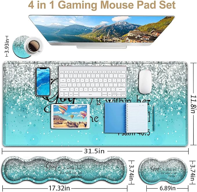 Keyboard Mouse Pad SetExtended Gaming Mouse Pad + Memory Foam Keyboard Wrist Rest Support Psalm 46:5 Blue Glitter Office Desk Mat Writing Pad Easy Typing Pain ReliefXXL Large Mousepad Desk Mat