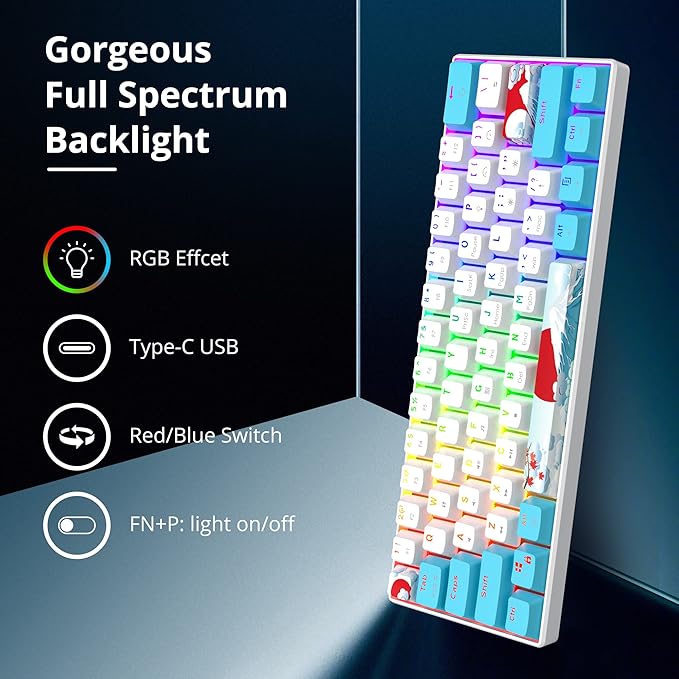 60 Percent Keyboard Mechanical RGB Backlit Wired 60% Gaming Keyboard Blue with PBT Keycaps for Windows PC Gamers (Sea/Red Switch)