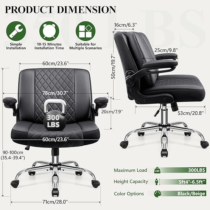 Criss Cross Office Chair with 2-in-1 Flip Backrest – Ergonomic PU Leather Floor Sitting Chair Adjustable Height 360° Swivel &amp Flip-Up Arms Extra-Wide Seat for Home Office Vanity Nail Salon-Bl