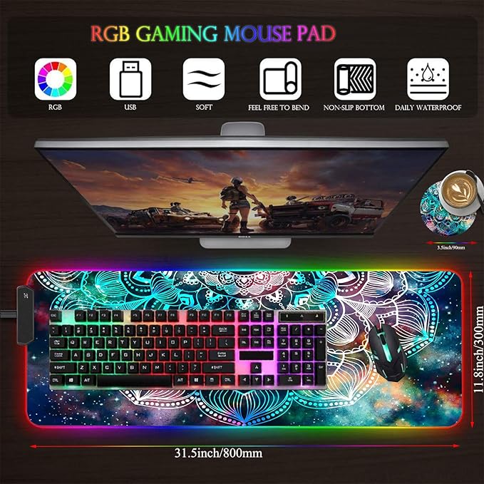 Customized RGB Gaming Mouse Pad and Coffee CoasterLarge Glowing Led Anti-Slip Rubber Base Computer Keyboard Desk Mouse Mat 31.4x11.8 InchMandala in Galaxy