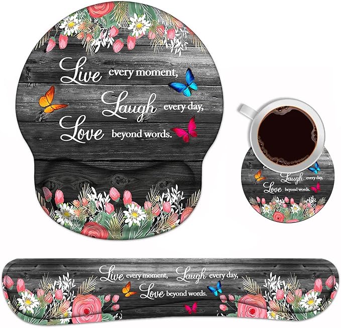 Keyboard Wrist Rest and Mouse Pad Wrist Support Set with Coasters Ergonomic Gaming Mousepad Non-Slip PU Base for Home Office Working Studying Easy Typing &amp Pain Relief Floral Quote Live Laugh Lo