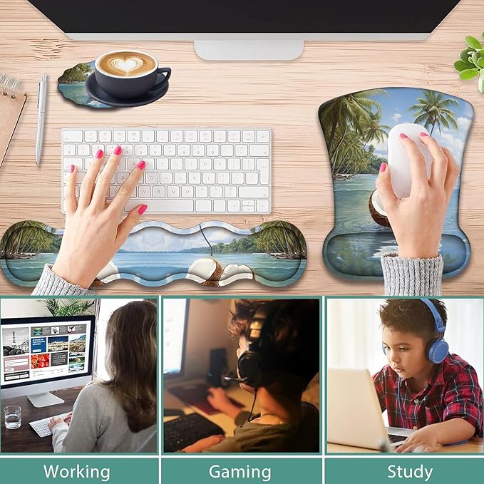 Ergonomic Keyboard Wrist Support Pad and Wrist Support Mouse Pad Anti-Slip with Gel Memory Mouse Pad Set Suitable for Office Use/Home Use - Coconut Beach