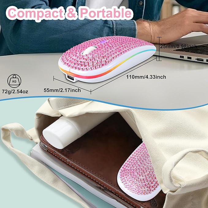 Wireless Mouse Bluetooth Cute Pink Bling Crystal Rhinestone Computer Mice with LED Light 2.4GHz &amp Bluetooth Dual Mode Rechargeable Silent USB Cordless Mouse for Laptop PC Tablet Phone Kids Adults