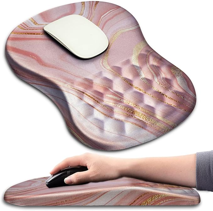Hokafenle Ergonomic Mouse Pad Wrist Support with Massage Design Wrist Rest Pain Relief Mousepad with Memory Foam&ampNon-Slip PU Base Mouse Pads for Wireless Mouse &amp Desk (12x8 inchPink Gold Ma