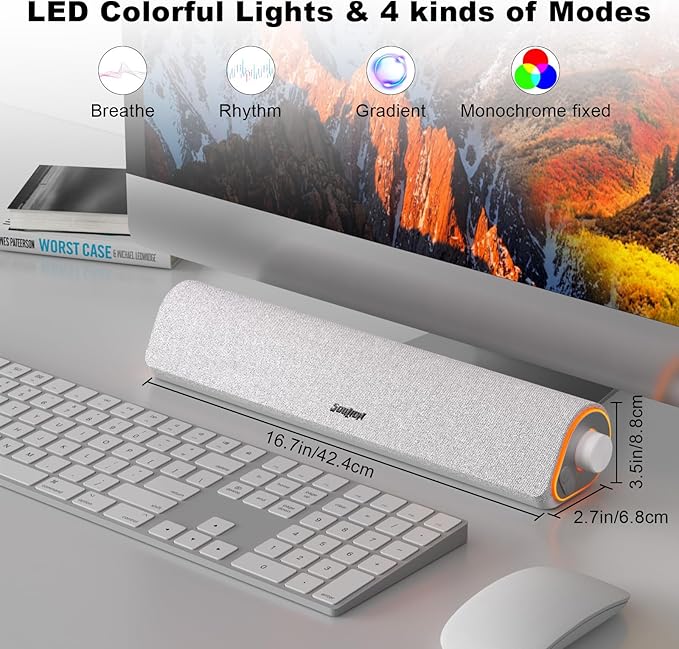 SOULION R50 Bluetooth Computer Speakers 3.5mm PC Sound Bar for Desktop Monitor Wired USB Powered &amp Colorful LED Lights with Switch Button Surround Sound Soundbar PC Spearkers for Computer Whit
