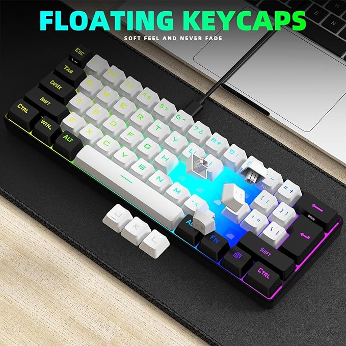 Portable 60% Mechanical Gaming Keyboard 61 Keys RGB Backlit USB Keyboard with Ergonomic Design USB Wired Keyboard for PC Travel (White Black)
