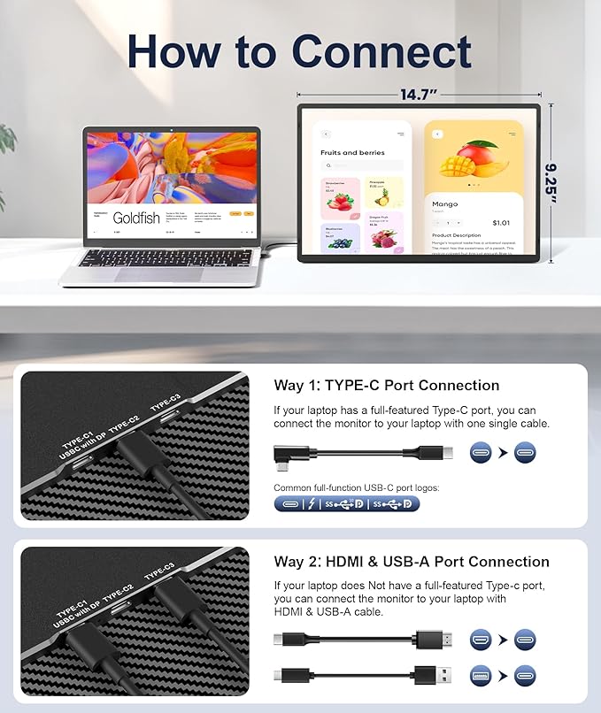 16.1 Portable Monitor 1200P FHD Laptop Screen Extender 360° Rotating Detachable Stand Plug&ampPlay Dual Monitor Ultra-Thin Zero Frame Portable Screen for Laptop/PC/Mac/Windows/PS5