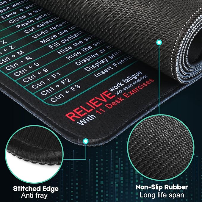 Excel Cheat Sheet Mouse Pad Set | 3-Piece XXL Ergonomic Desk Mat with Wrist Rest for Office &amp Gaming(Black)