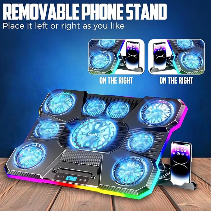 Storm Pro A21 Laptop Cooling Pad with 9 Fans (6×60mm + 4×85mm Up to 2400 RPM) RGB Lighting LCD Display Mobile Stand 9 Height Levels USB &amp Type-C Ports Fits Up to 17-Inch Laptops – Black